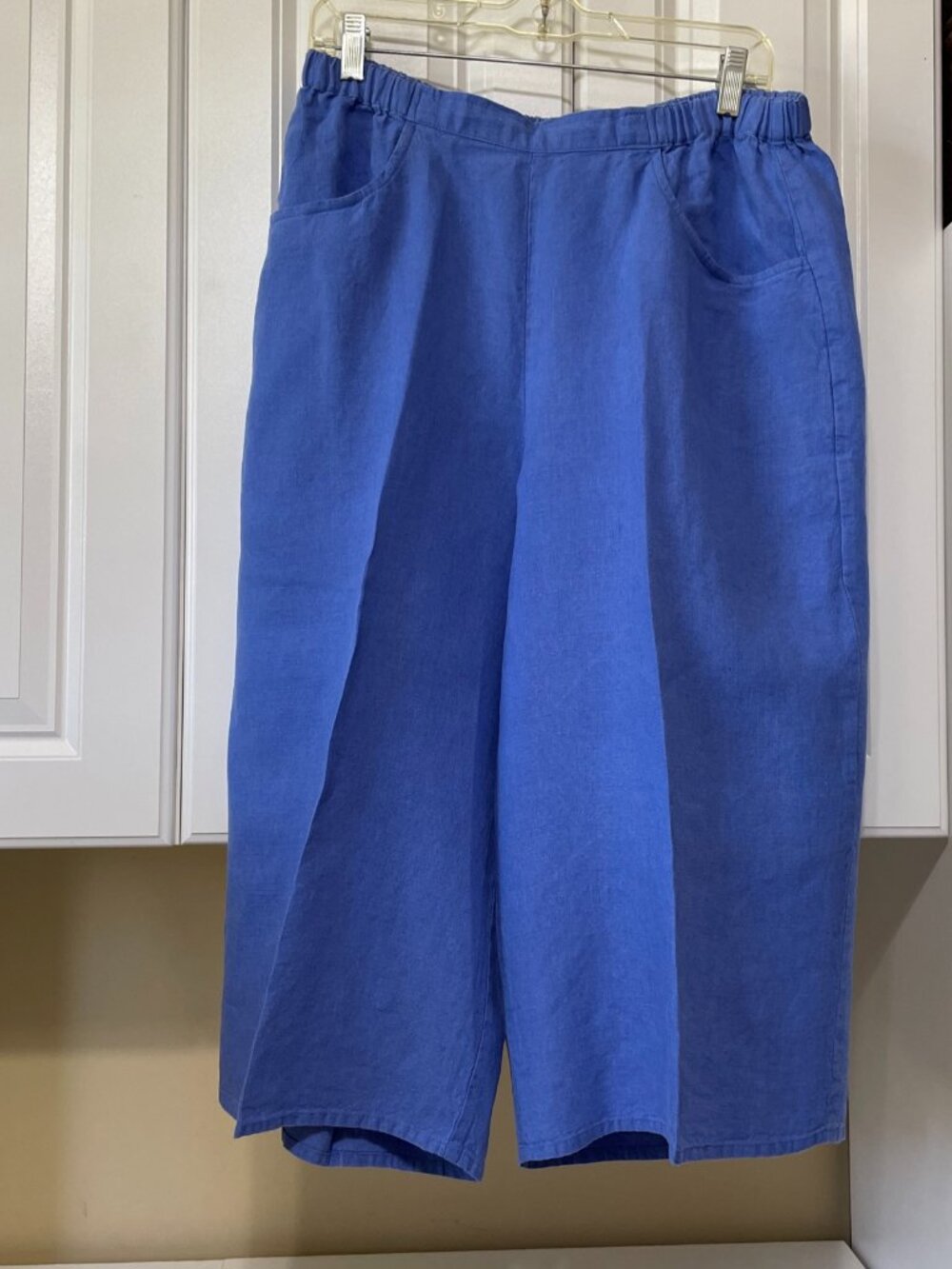 FLAX Pants Womens Medium Green Linen Cropped Wide Leg Elastic Waist Casual
